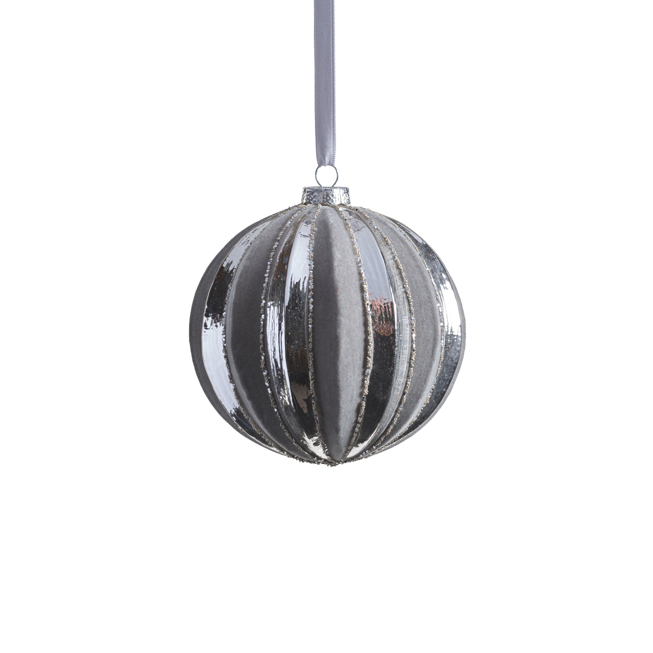 Shiny Silver Glass Ornament with Gray Flock Pattern