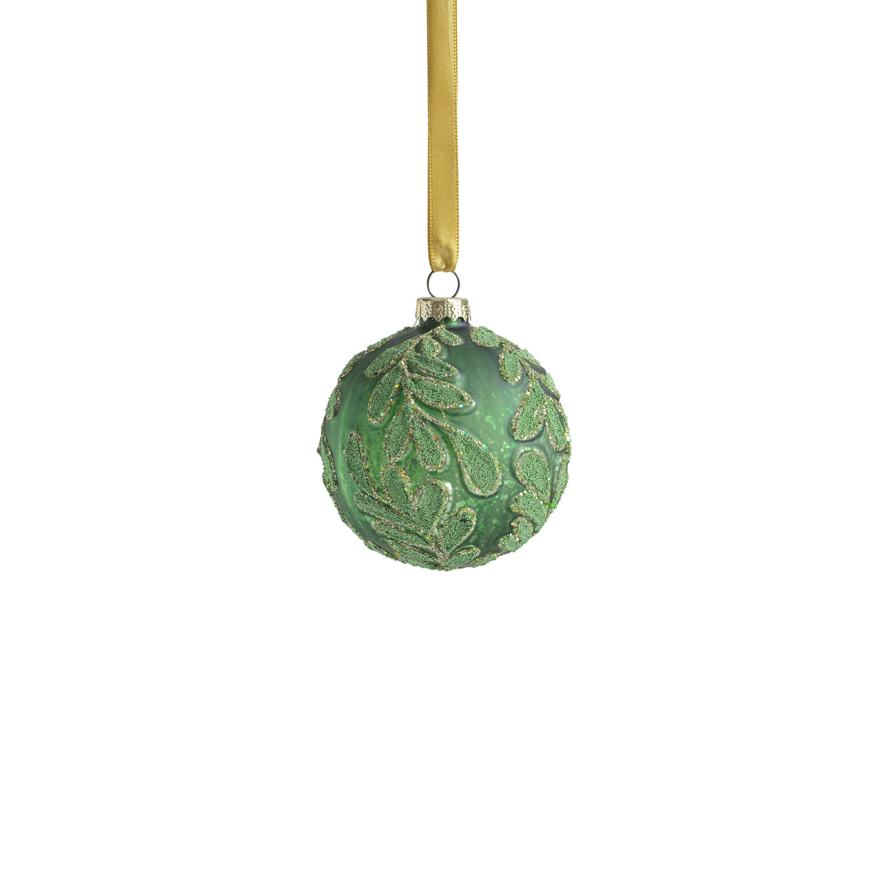 Beaded Leaf Pattern on Matte Green Embossed Glass Ornament