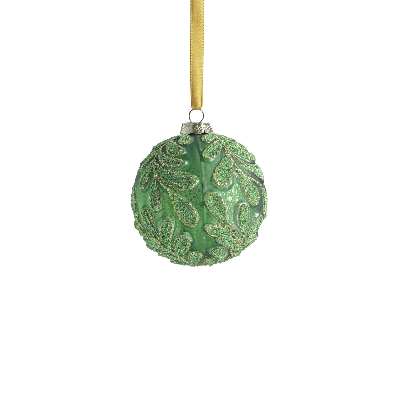 Beaded Leaf Pattern on Matte Green Embossed Glass Ornament