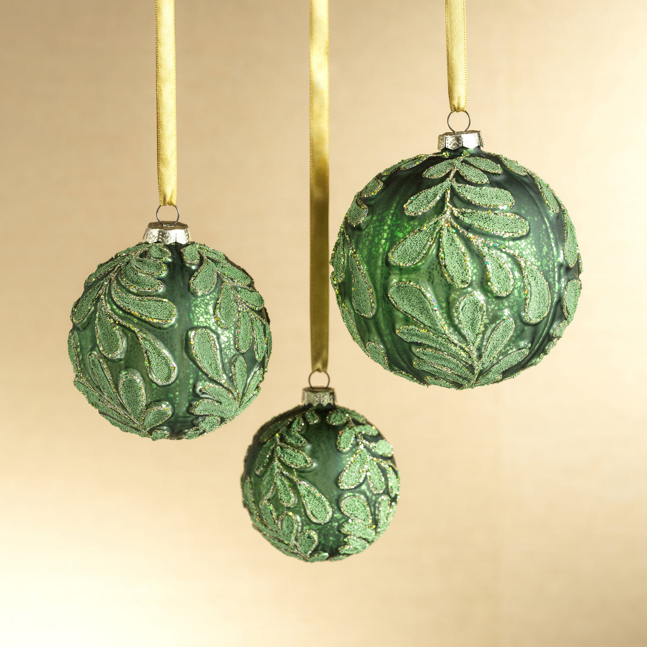 Beaded Leaf Pattern on Matte Green Embossed Glass Ornament