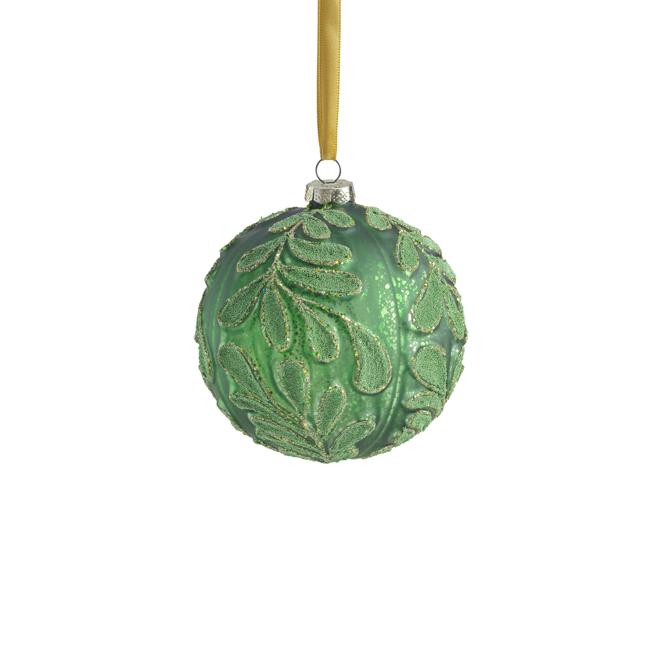 Beaded Leaf Pattern on Matte Green Embossed Glass Ornament