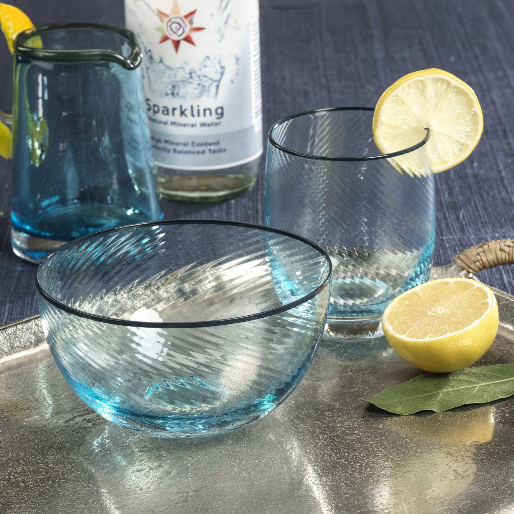 Sicilian Swirl Glassware with Colored Rim - Aqua & Navy - Serveware by Carlyle Avenue