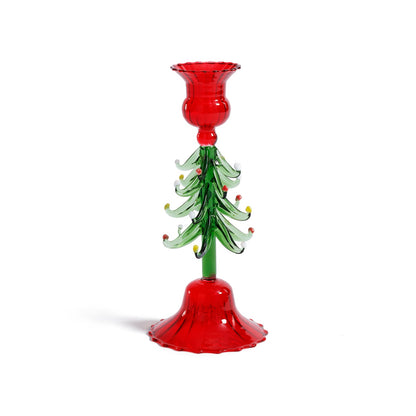 Decorative glass candle holder shaped like a Christmas tree with red and green colors on a white background.