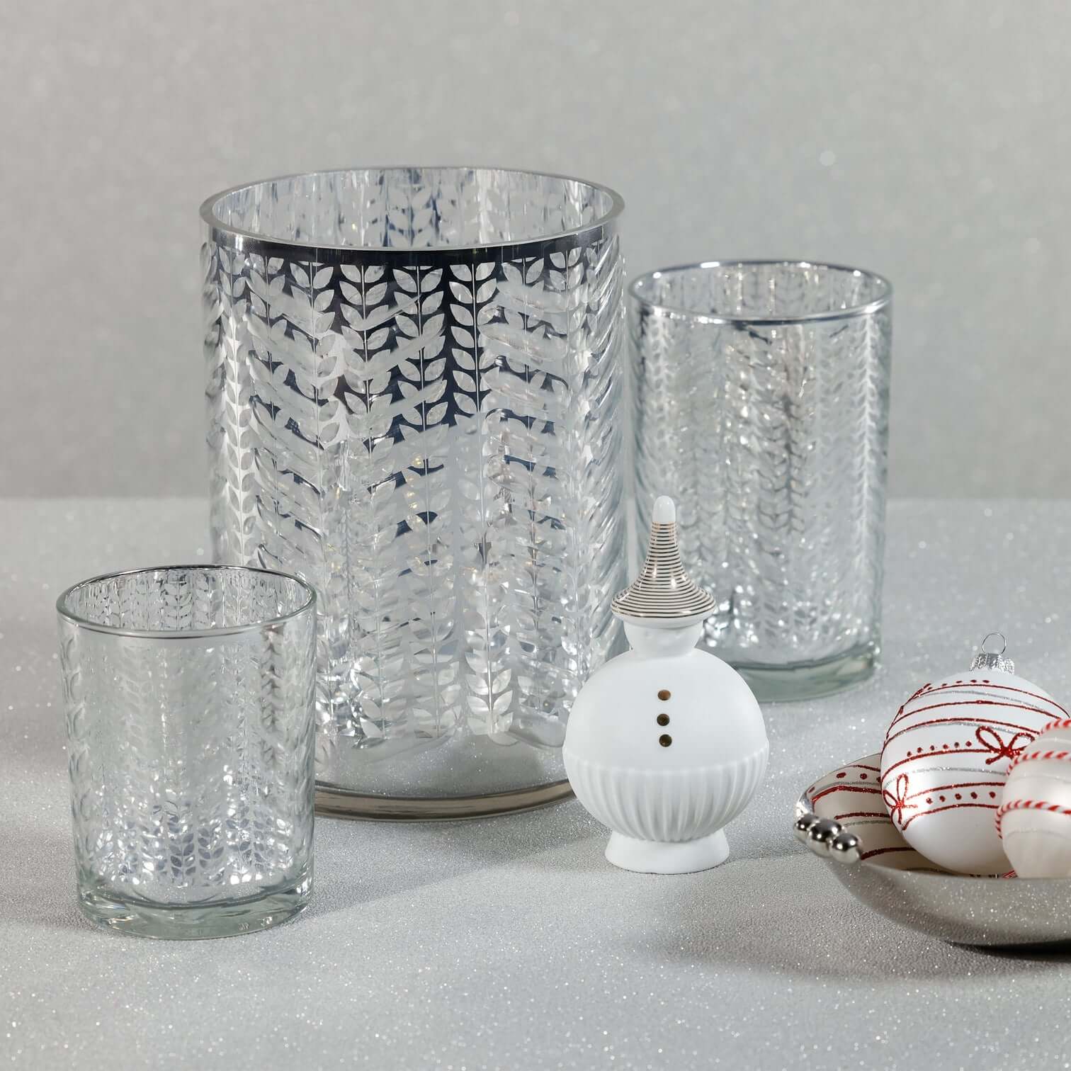 Laser Etched Metallic LED Hurricane - Silver - Candle Holders by Carlyle Avenue