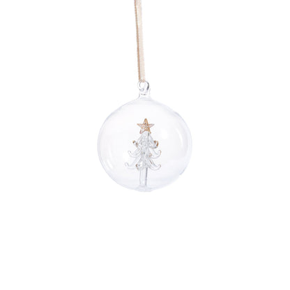 Clear Christmas ornament with a tree and star design on a white background