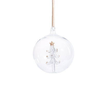 Clear glass ornament with a Christmas tree design on a white background