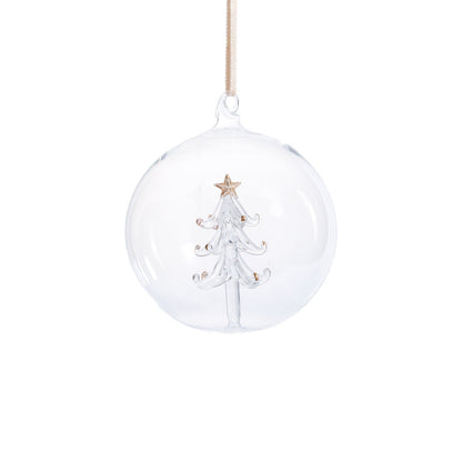 Clear glass ball ornament with a Christmas tree design and star on a white background