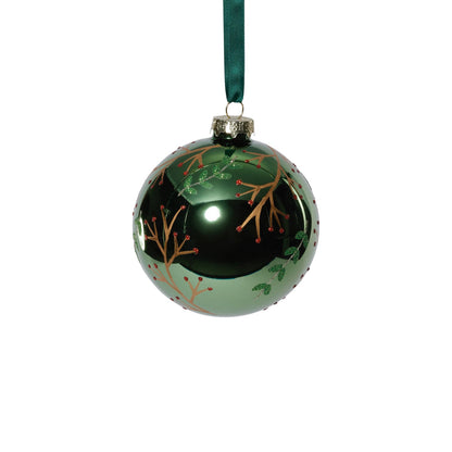 Shiny Green Metallic Glass Ball Ornament w/ Gold Leaf and Twig Design - Ornaments by Carlyle Avenue