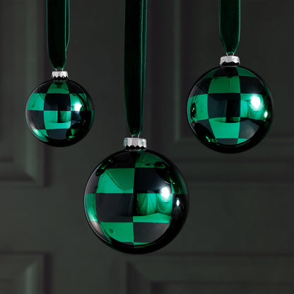 Checkered Glass Ball Ornament - Black & Green