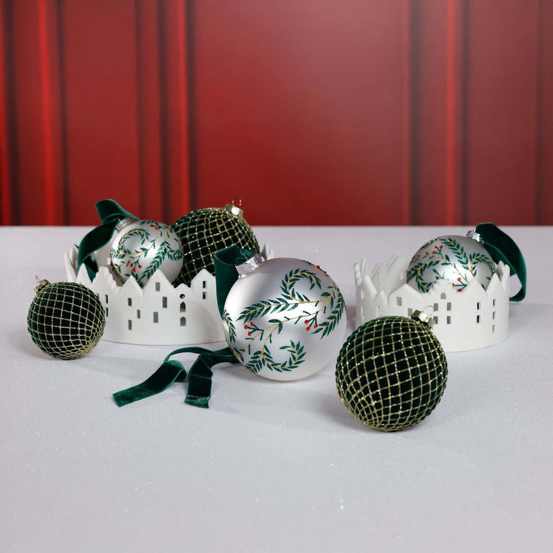 Metallic White Glass Ball Ornament with Green Leaf Design