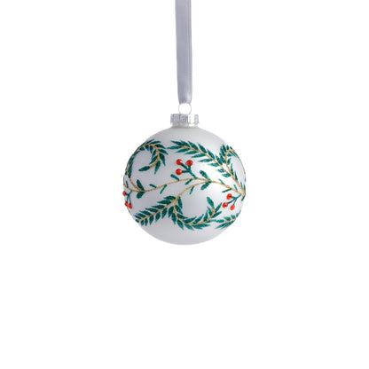 Metallic White Glass Ball Ornament with Green Leaf Design
