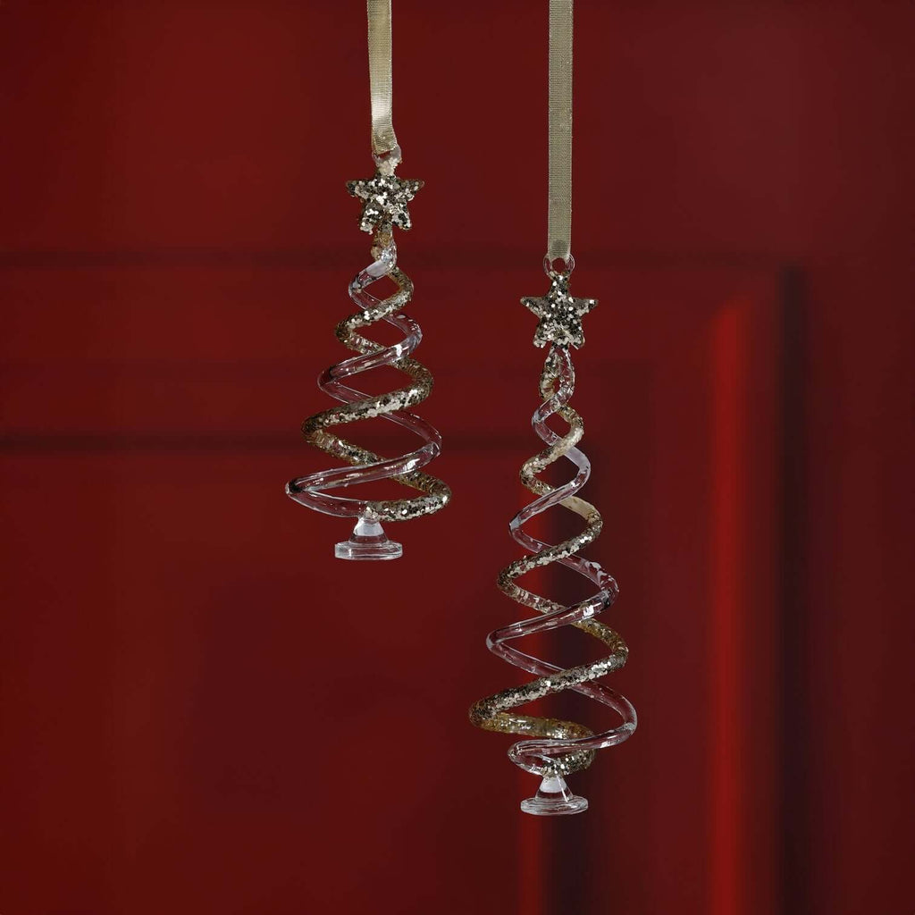 Clear Twisted Tree Design Ornaments w/ Gold Glitter - Set of 6 Assorted