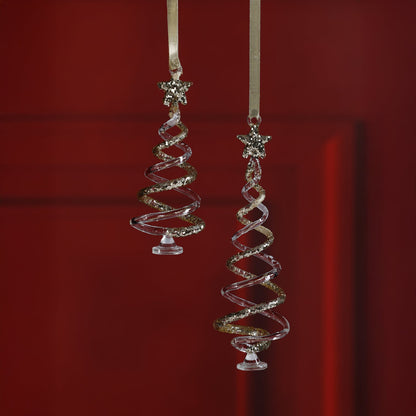 Set of 2 Clear Twisted Tree Design Ornaments w/ Gold Glitter