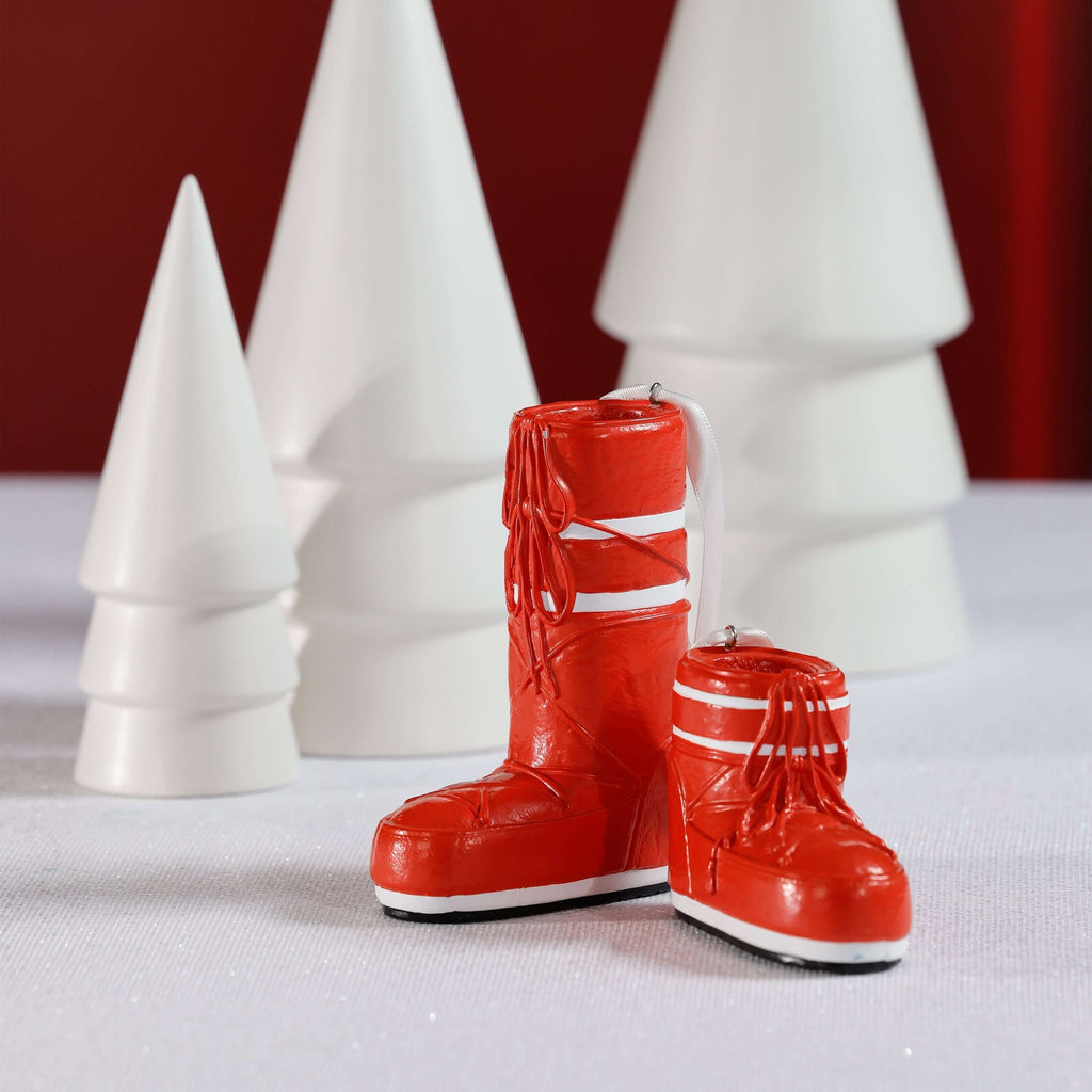 Après Ski Boots, Set of 6 Assorted red boot ornament with white details on festive display.