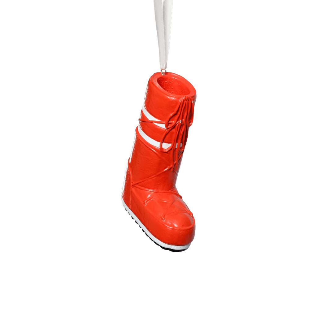 Après Ski Boots, Set of 6 Assorted red snow boot ornament with white accents for holiday decorating.