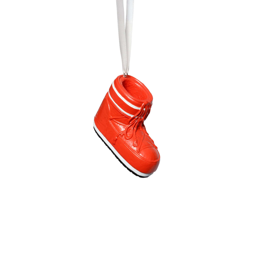 Après Ski Boots, Set of 6 Assorted red ornament hanging against a white background.