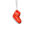 Après Ski Boots, Set of 6 Assorted red ornament hanging against a white background.