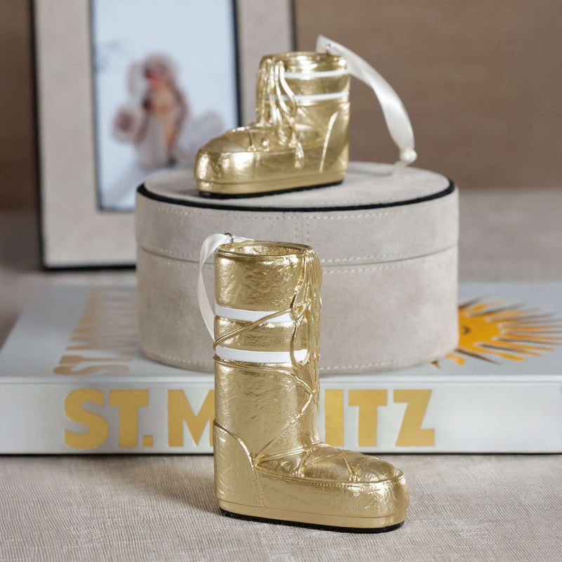 Après Ski Boots, Set of 6 Assorted gold ornament displayed on elegant background.