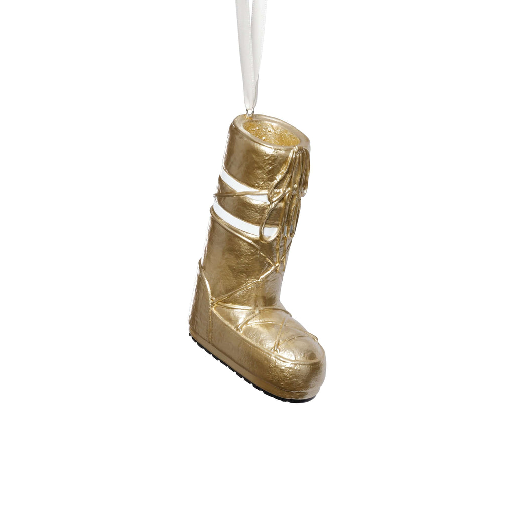 Après Ski Boots, Set of 6 Assorted gold ornament hanging on a white ribbon.