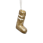 Après Ski Boots, Set of 6 Assorted gold ornament hanging on a white ribbon.