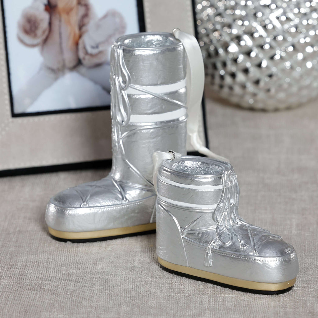 Après Ski Boots, Set of 6 Assorted - Silver decorative ornaments for holiday display.