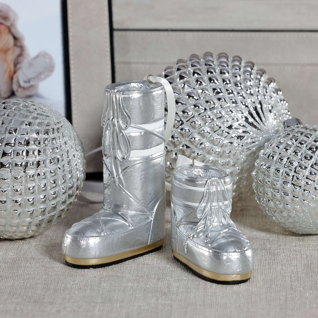 Après Ski Boots, Set of 6 Assorted in silver, showcasing holiday charm and festive spirit for Christmas decorating.