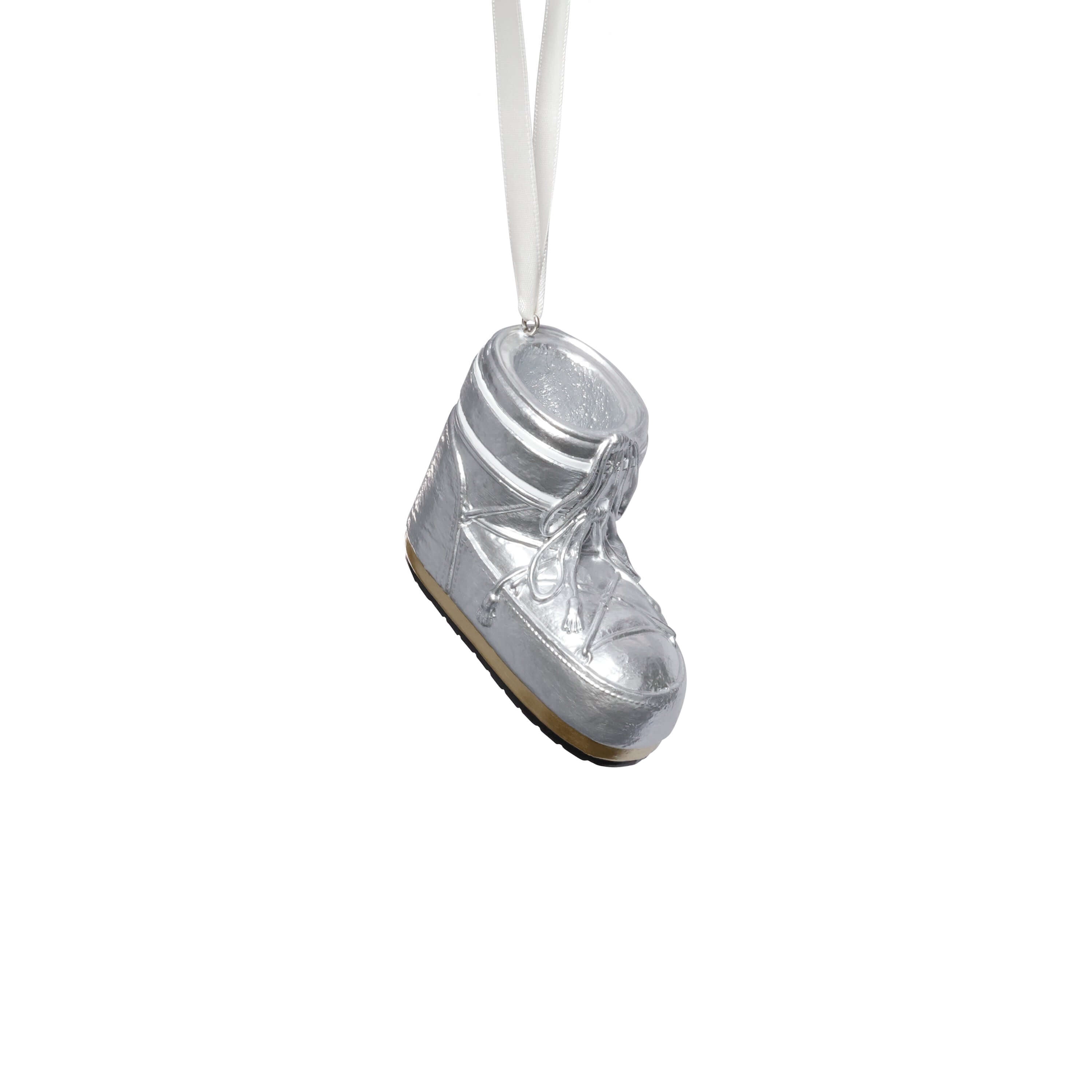 Après Ski Boots, Set of 6 Assorted silver ornament hanging on a white ribbon.