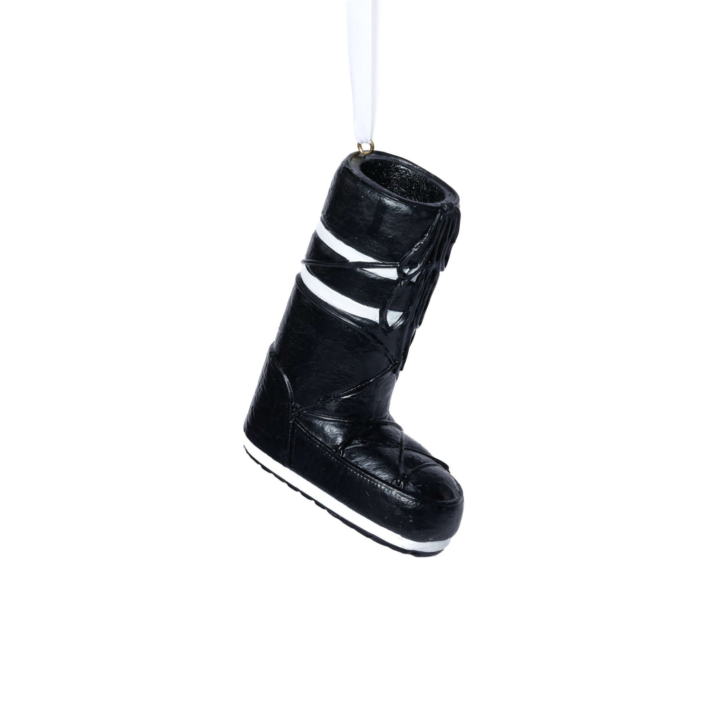 Après Ski Boots, Set of 6 Assorted black ornament boot with white details, perfect for holiday decorating.