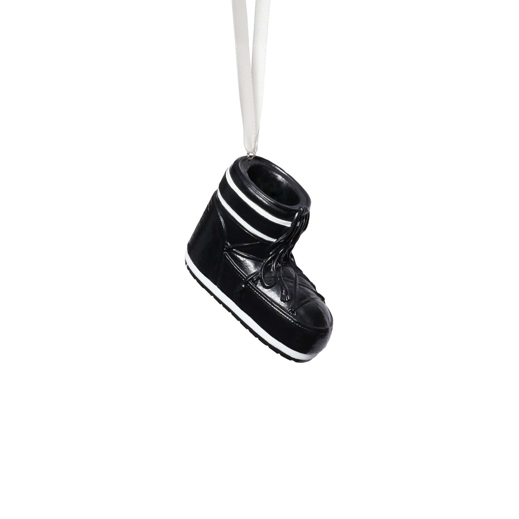 Après Ski Boots, Set of 6 Assorted black ornament hanging with a white ribbon, perfect for holiday decorating.