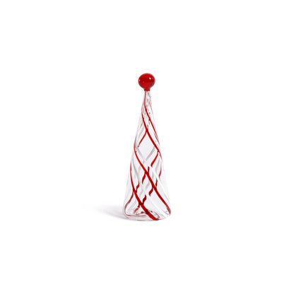 Decorative glass object with red and white pattern on a white background