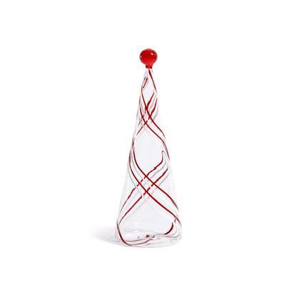 Clear glass cone with red swirls and a red ball on top against a white background