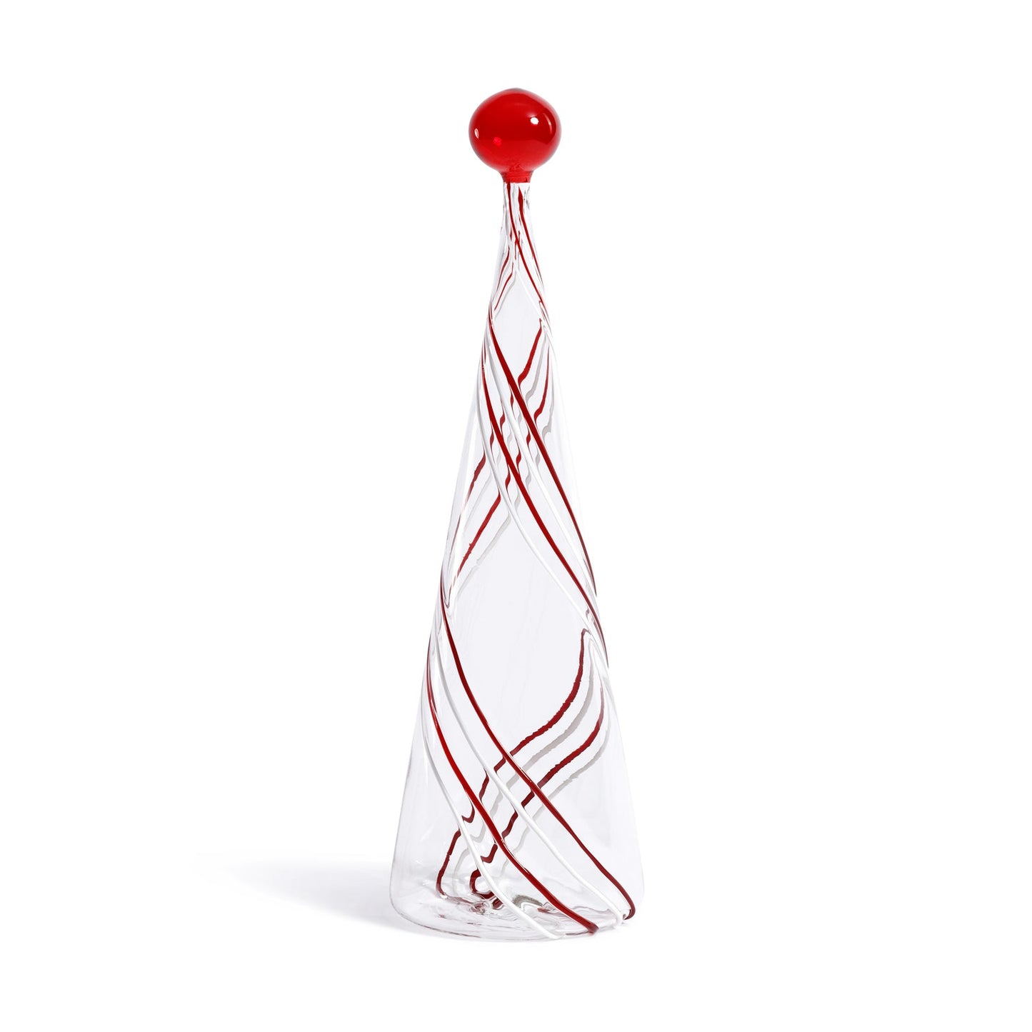 Glass sculpture with red swirls and a red sphere on a white background