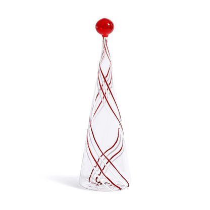 Glass sculpture with red swirls and a red sphere on a white background