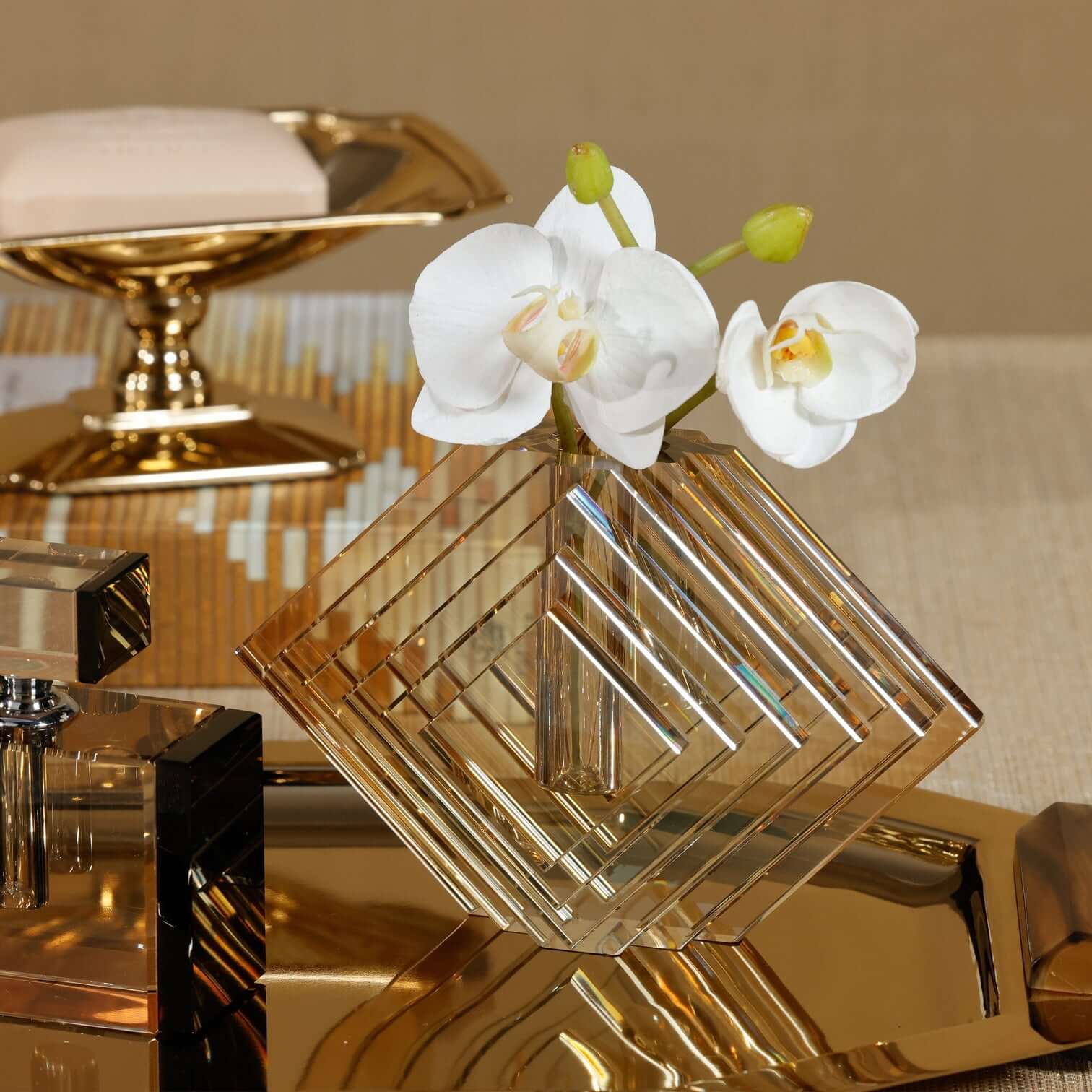 Stacked Concentric Diamond Motif Crystal Glass Vase - Amber - Vases by Carlyle Avenue