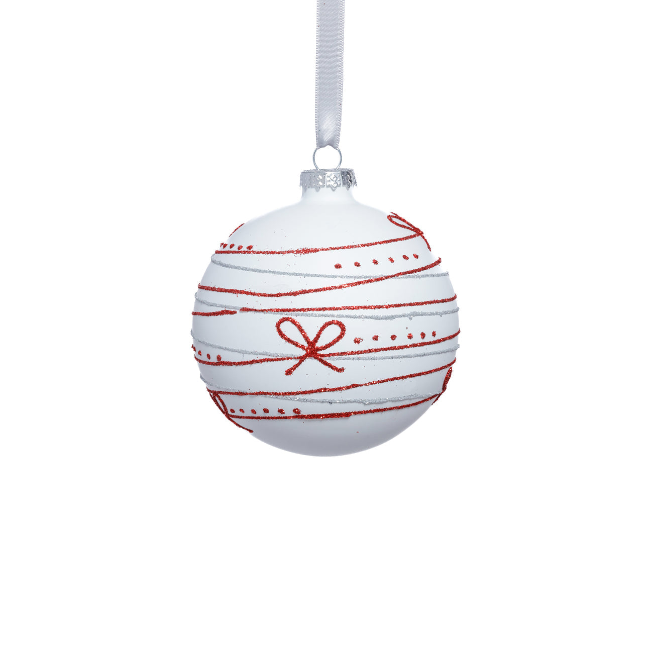 Matte Glass Ornament - White w/ Red Ribbon Design