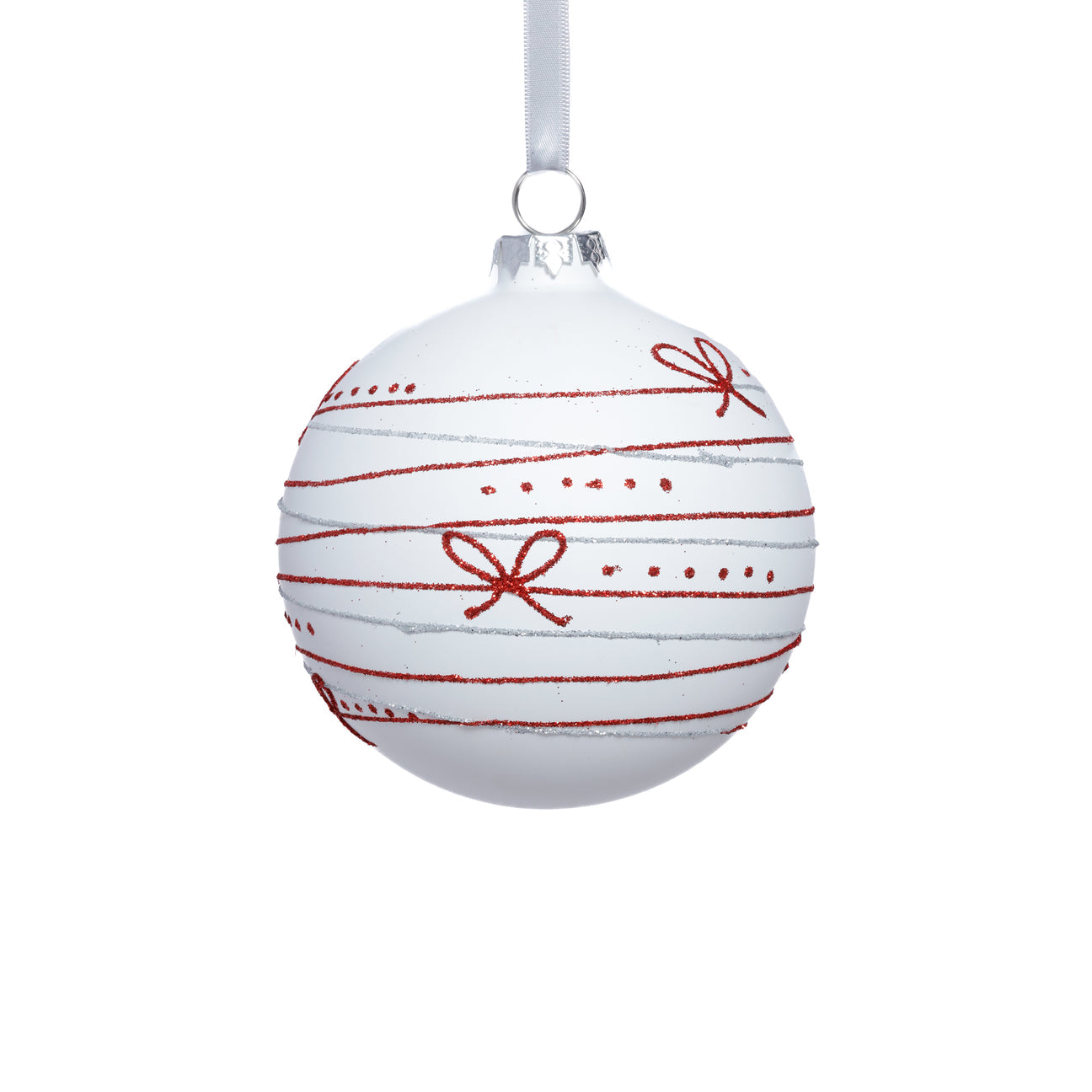 Matte Glass Ornament - White w/ Red Ribbon Design