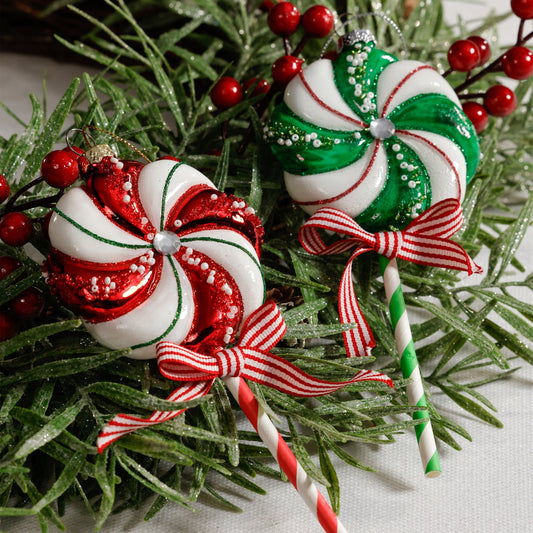 Glass Lollipop Ornaments - Green & Red - Set/6 Assorted Pairs