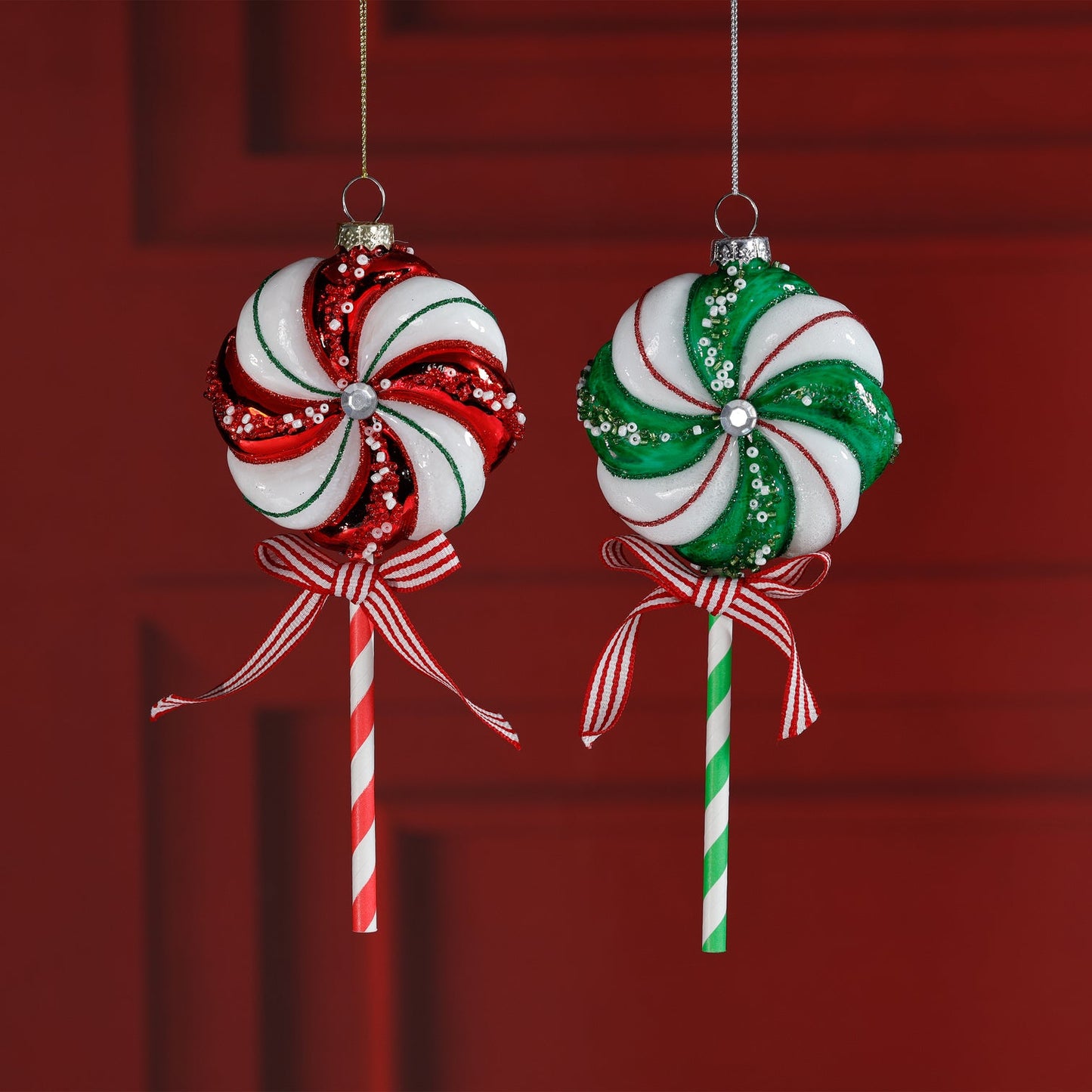 Glass Lollipop Ornaments - Green & Red - Set/6 Assorted Pairs