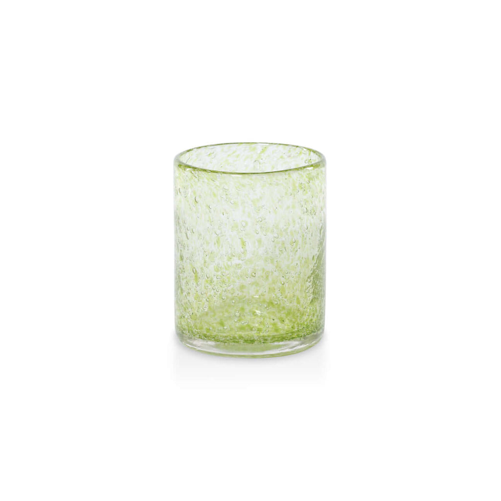 Antibes Glass Tumbler, Set of 4 in light green, mouth-blown seeded glass with bubble-like texture, perfect for drinks.