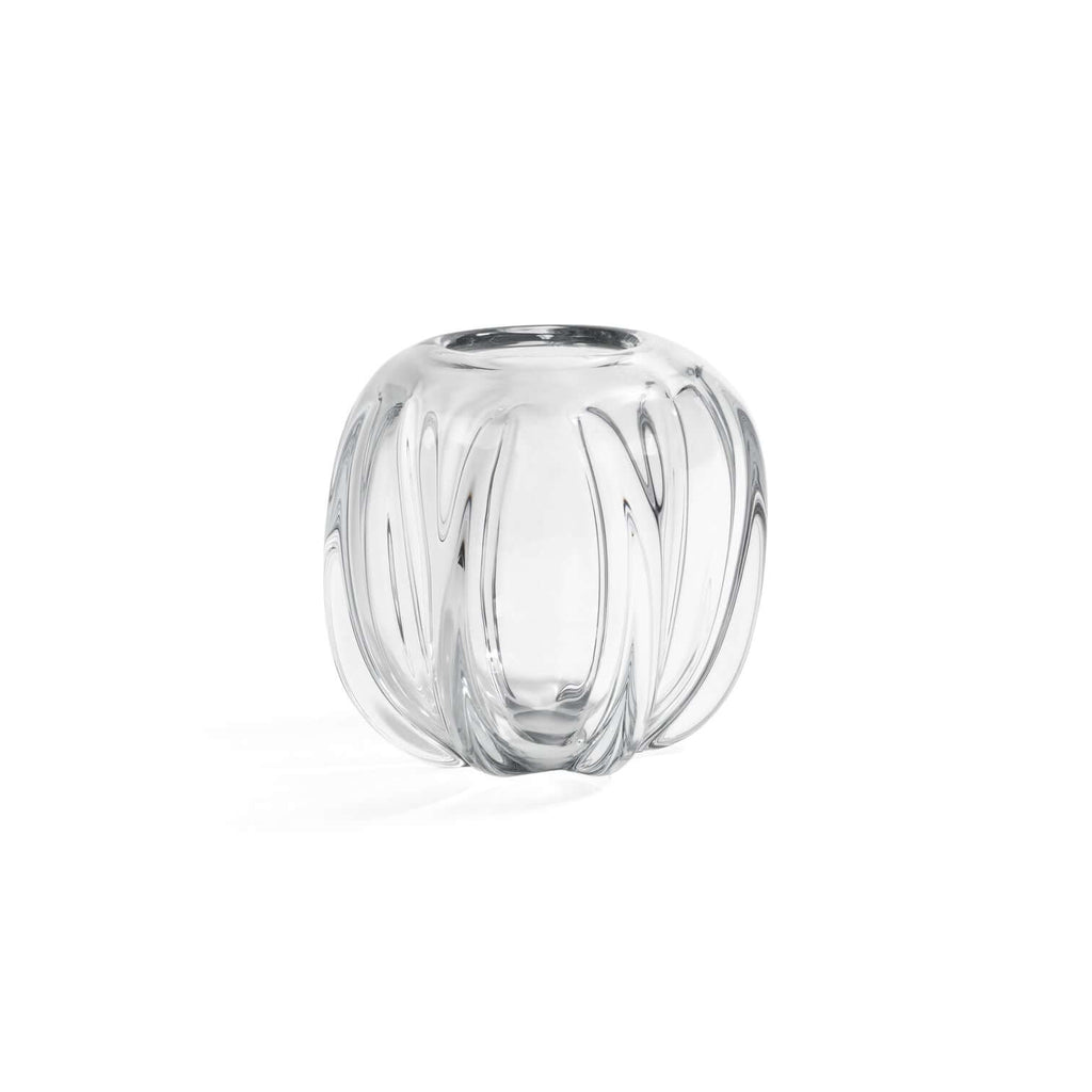 Liège Blown Glass Vase with a rounded shape and deep vertical channels, showcasing its luminous clear glass design.