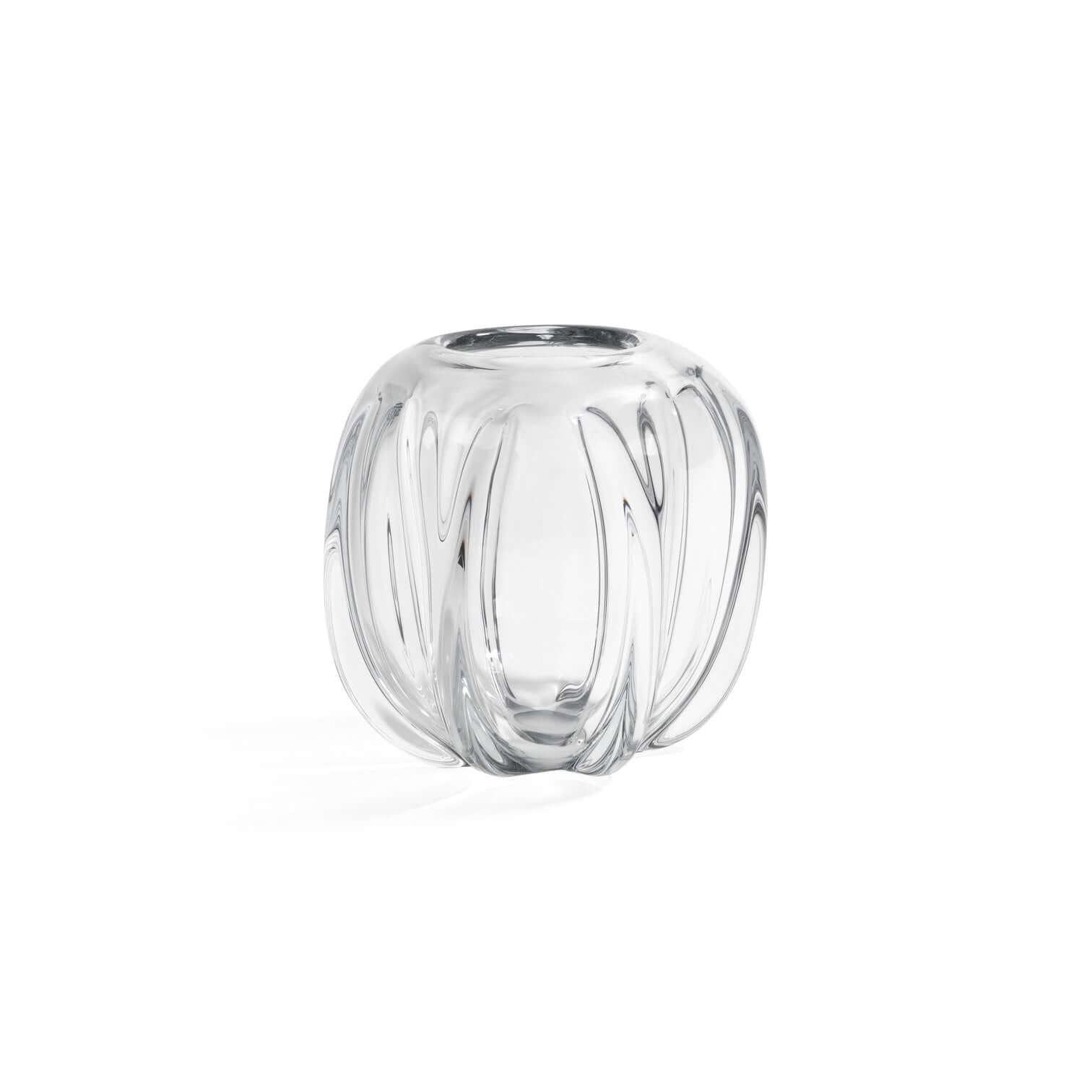 Liège Blown Glass Vase with a rounded shape and deep vertical channels, showcasing its luminous clear glass design.