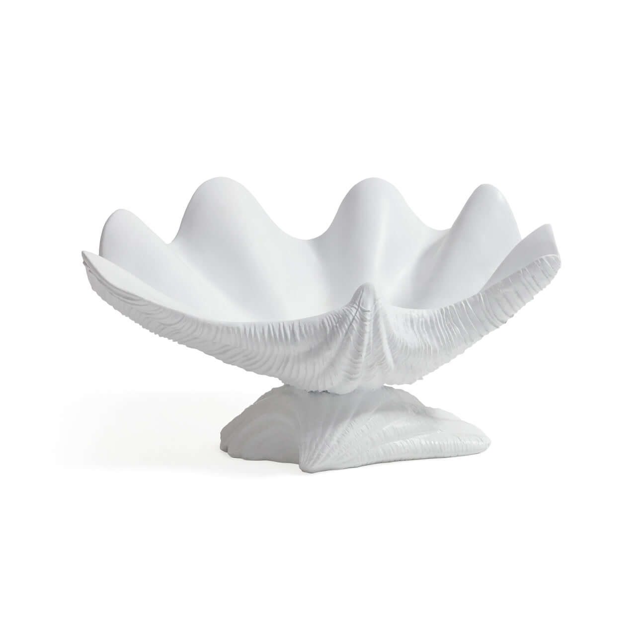 Champagne Reef Resin Decorative Shell Bowl in matte white, sculpted to mimic a giant clam shell.