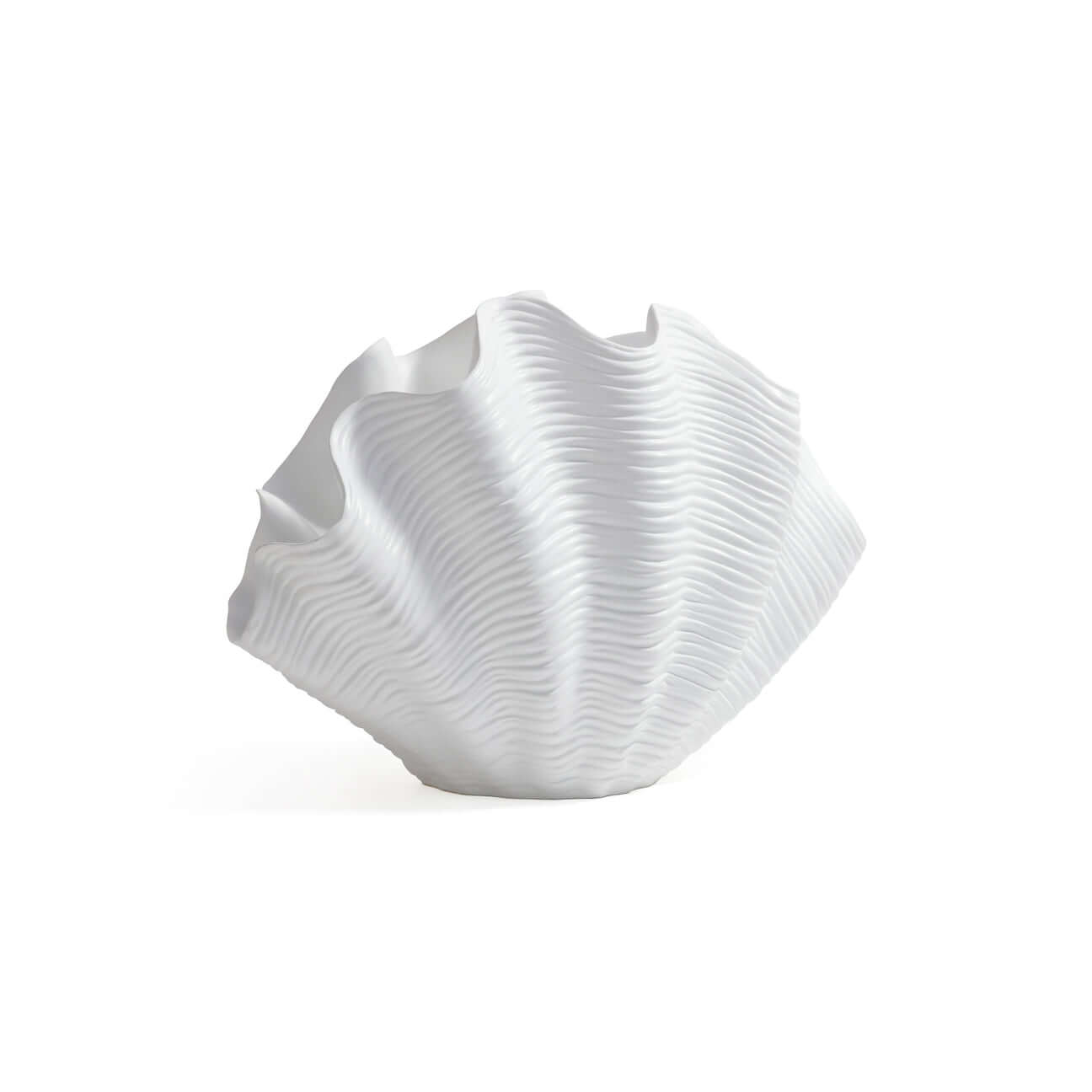 Belize Resin Decorative Shell Vase in gloss white, showcasing undulating ridges and a bold, oversized design.