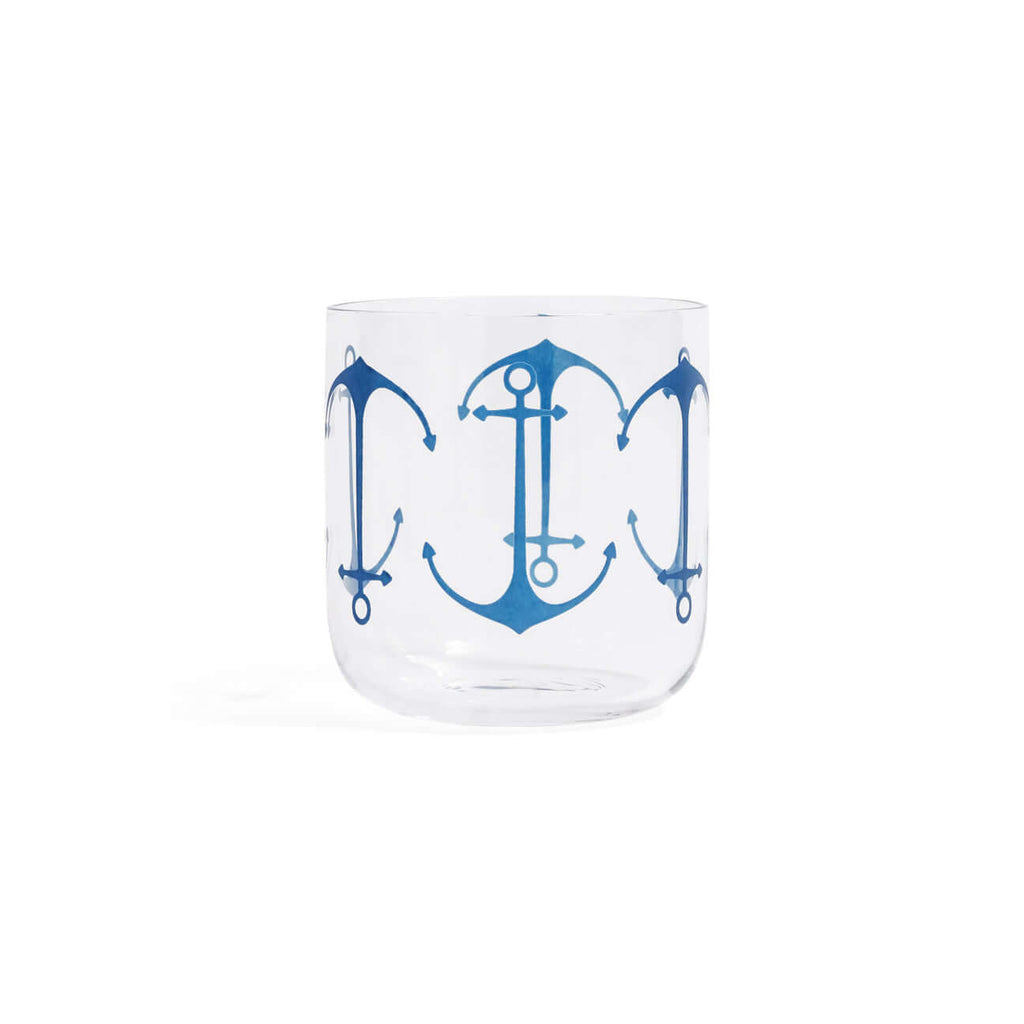 Anchor Design Rocks Glass - Boat Edition (Set of 6) featuring blue anchor motifs on a clear glass.