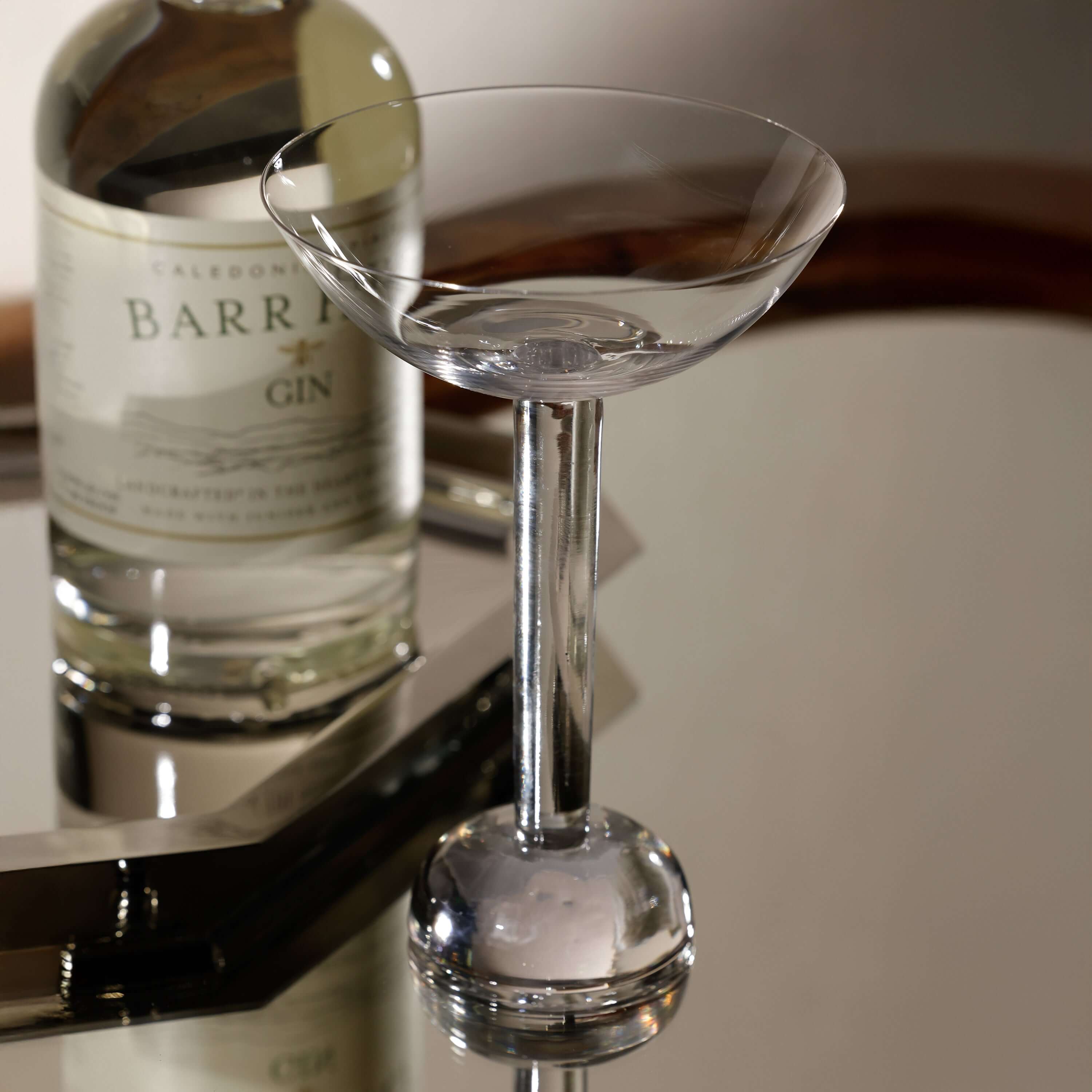Madrid Glassware Collection elegant glass on a reflective surface next to a gin bottle.