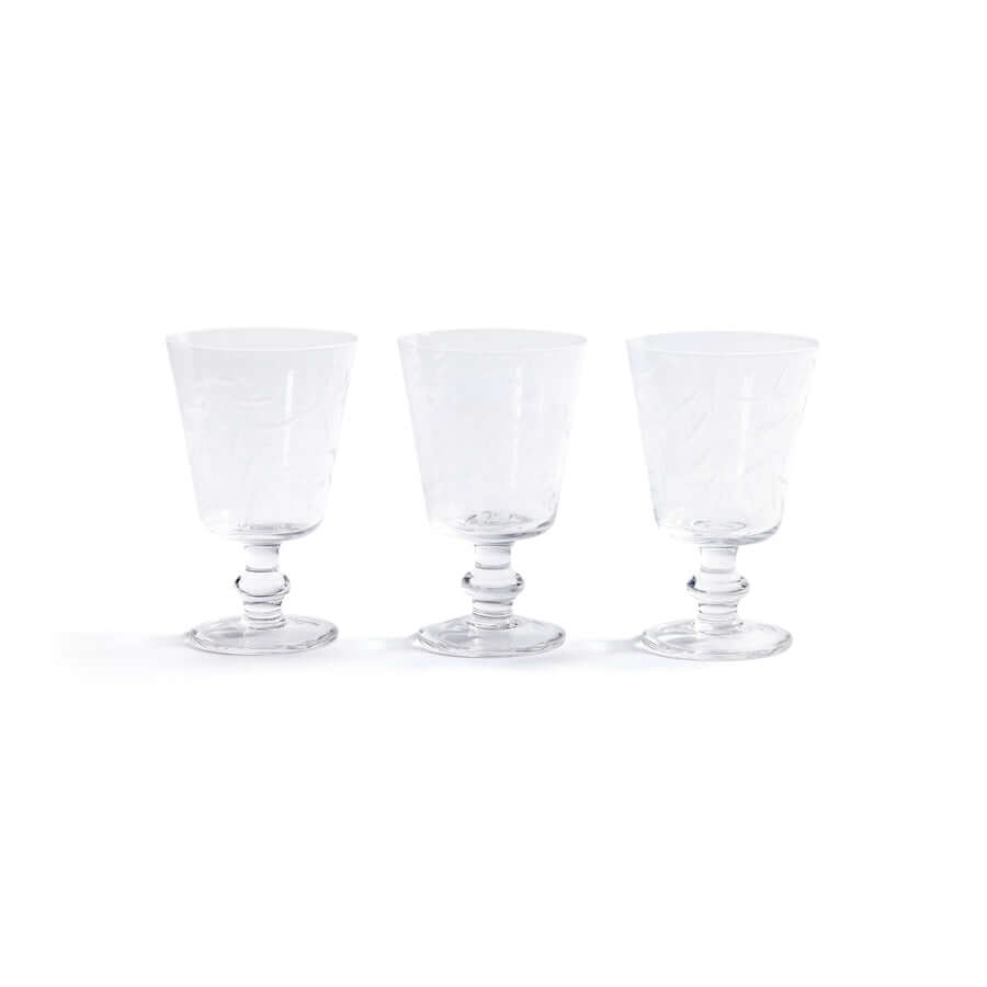 Three clear glass goblets on a white background
