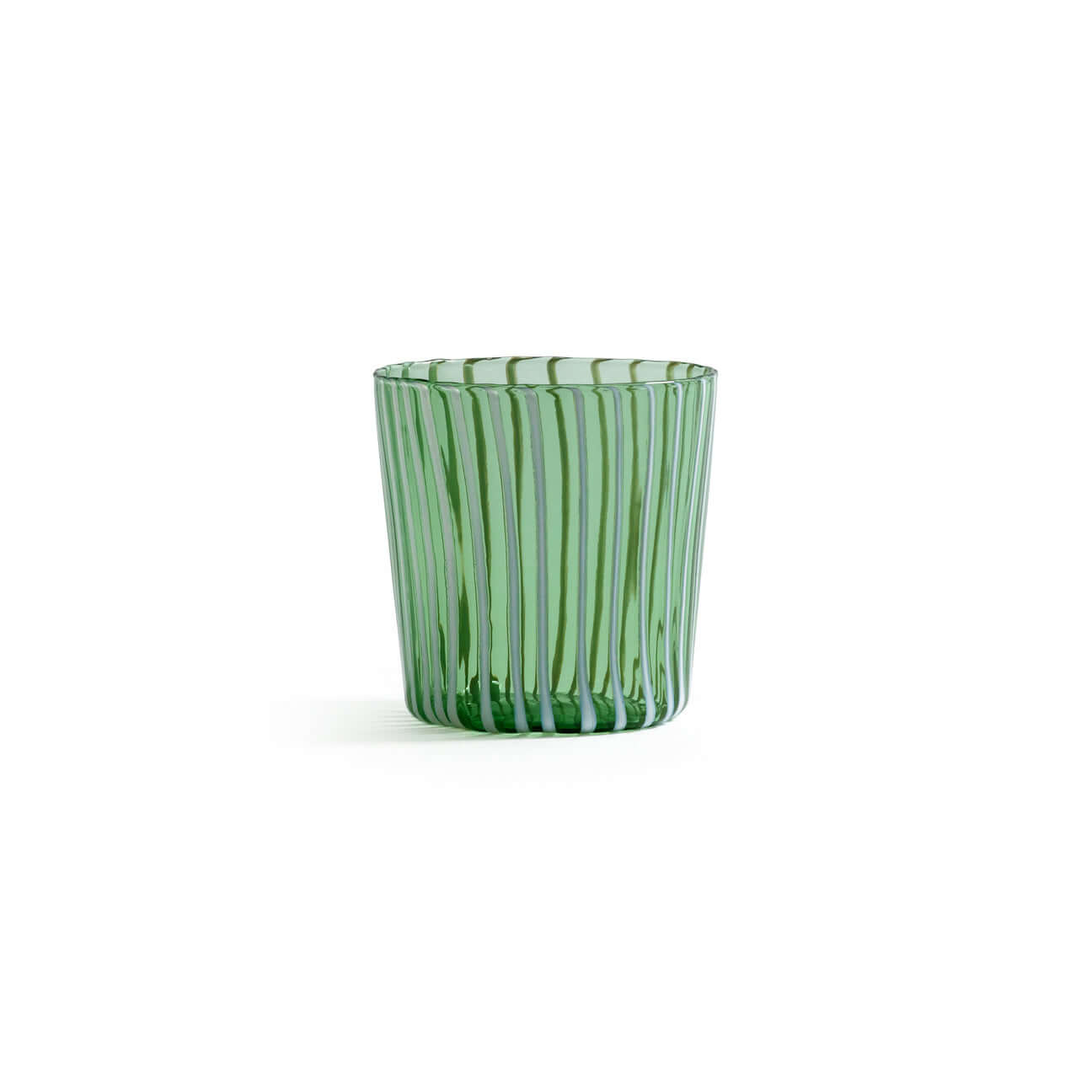 Marina White Stripe Glass Tumbler (Set of 6) in green featuring delicate vertical stripes and flared design.