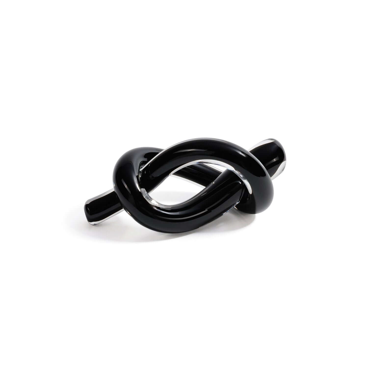 Obsidian Glass Knot Paperweight in sleek black glass, showcasing a modern knotted design for elegant decor.