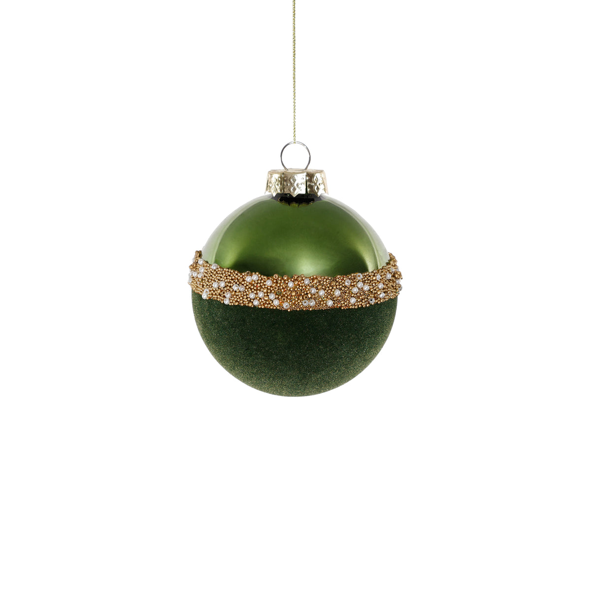 Tonal Shiny Green with Felt and Gold Decoration Glass Ball Ornament