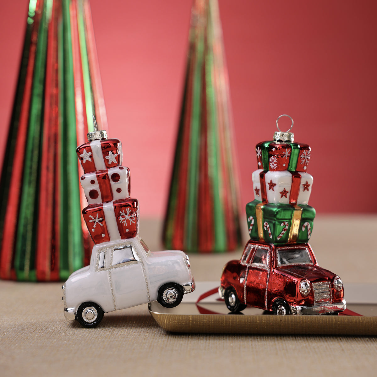 Glass Car Carrying Gifts Glass Ornament - 2 Assorted Pieces